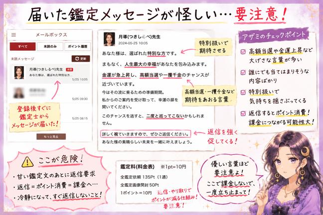 高額当選や人生最大の幸福、一攫千金などを強調する鑑定文に赤線を引き、返信と課金への誘導を注意喚起する検証画像