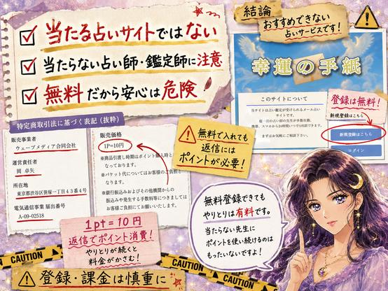幸運の手紙は当たる占いとしておすすめできず、無料登録後の返信でポイントを消費する点に注意を促す検証画像