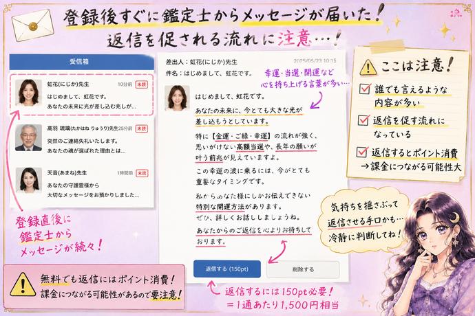 幸運の手紙の鑑定師から届くメッセージが相談者を特別扱いし、有料返信へ誘導する流れを検証した画像