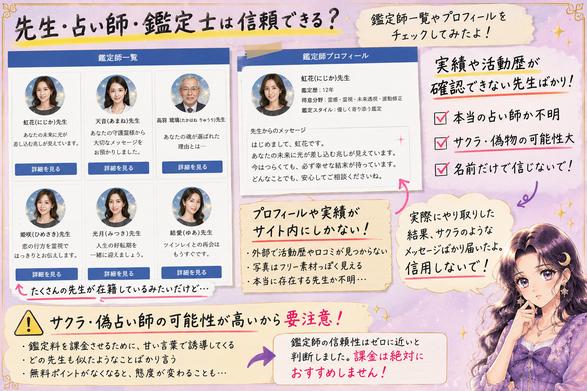 幸運の手紙に在籍する鑑定師の一覧とプロフィールを確認し、外部の実績や実在性を確認できない点を指摘した画像