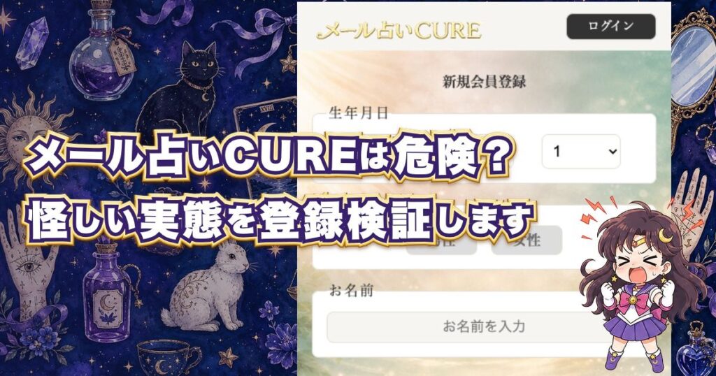 メール占いCURE(キュア)の口コミや料金、鑑定師の実態と危険性を登録検証した記事のアイキャッチ画像