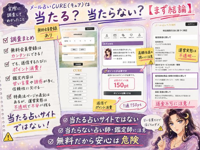 メール占いCURE(キュア)の登録画面や料金、特商法表記を並べ、当たる占いとしておすすめできない理由を整理した検証画像