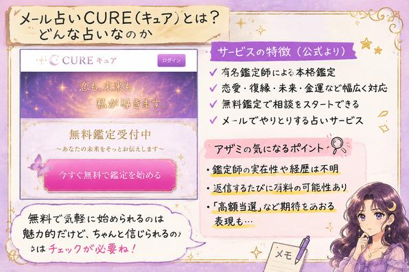メール占いCURE(キュア)の公式ページをもとに、無料鑑定や相談内容の特徴と鑑定師への不安をアザミが解説する画像