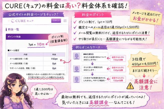 メール占いCURE(キュア)が1ポイント10円、鑑定メール1通150ポイントの従量課金制であることと、返信が続く場合の料金を示した画像