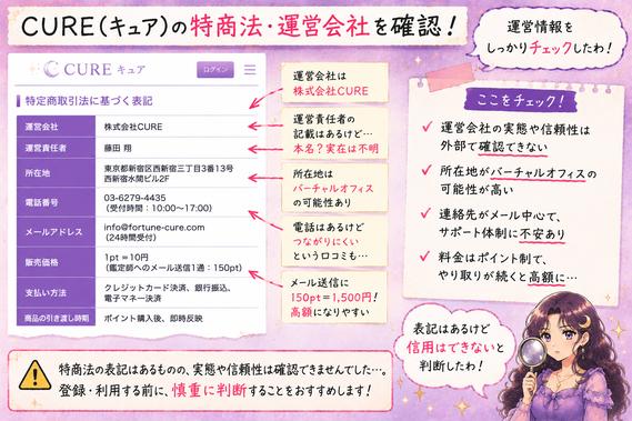 メール占いCURE(キュア)の特商法ページから販売業者、運営責任者、所在地、電話番号、メールアドレスを抜き出して確認した画像
