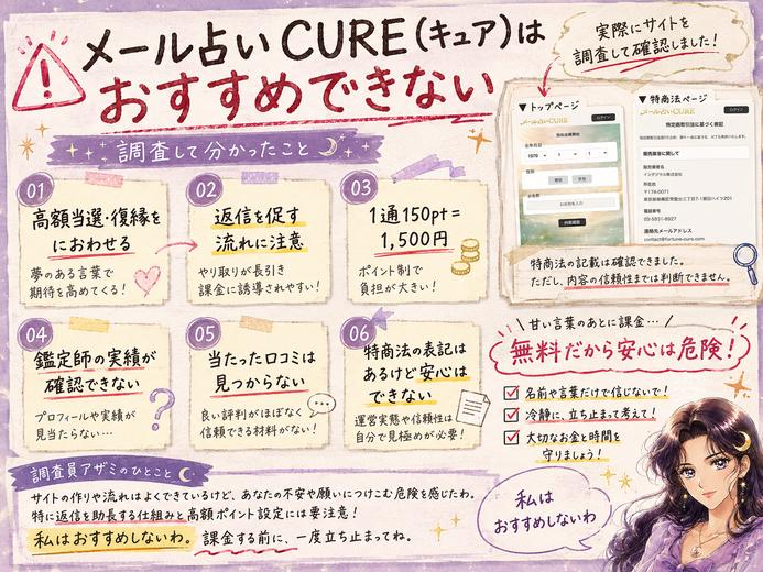 メール占いCURE(キュア)をおすすめできない理由として、高額当選の誘い、返信課金、鑑定師の不透明さ、口コミ不足をまとめた画像