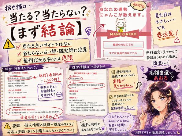 招き猫は当たる占いとしておすすめできず、返信によるポイント消費や高額課金に注意が必要だとまとめた検証画像