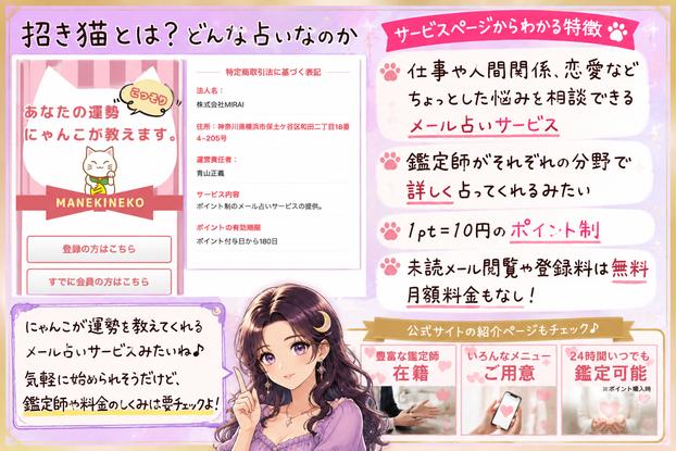 招き猫の公式ページと特商法の一部を使い、メール占いの特徴やポイント制をアザミが解説するサービス概要画像