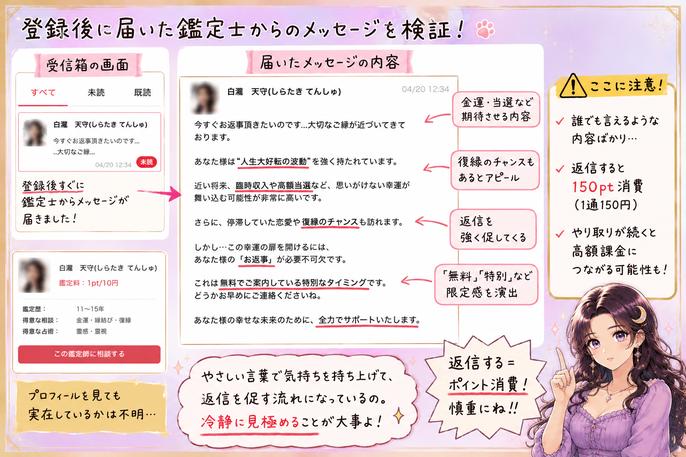 招き猫の登録直後に鑑定師から届いたメッセージと、返信でポイントを消費する流れを示した検証画像