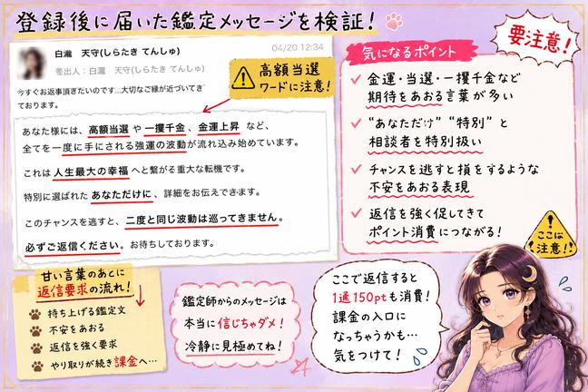 招き猫の鑑定文にある高額当選や一攫千金、人生最大の幸福などの言葉と返信要求を赤線で確認した注意喚起画像