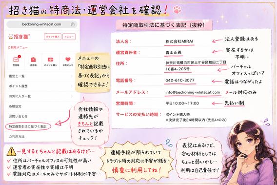招き猫の特定商取引法に基づく表記から株式会社MIRAI、運営責任者、住所、電話番号、メールアドレスを確認した検証画像