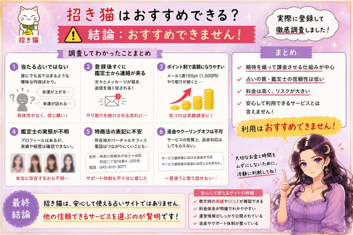 招き猫の鑑定内容、鑑定師、料金、特商法、返金条件を振り返り、利用をおすすめできないとまとめた調査結果画像