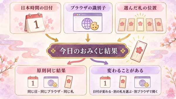 日本時間の日付・ブラウザ識別子・選んだ札位置から今日のおみくじ結果が決まる仕組みの図