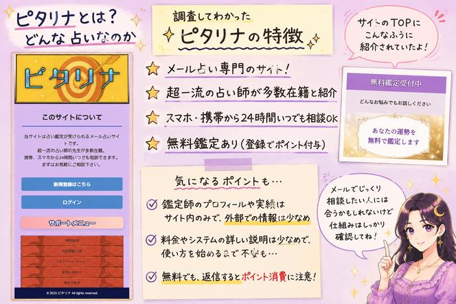 ピタリナの公式ページを切り抜き、24時間相談できるメール占いの特徴と登録前に確認したい点を整理した画像