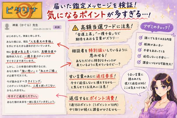 高額当選や人生最大の幸福など期待をあおる鑑定文と、返信要求による課金リスクへ注意を促す検証画像