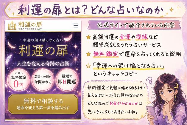 利運の扉の公式ページを見ながら、金運や復縁を扱う無料お試し鑑定の特徴と確認すべき点をアザミが説明する画像