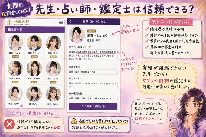 利運の扉に掲載された鑑定師の一覧やプロフィール写真を確認し、外部実績や実在性を確かめられない点を解説する画像