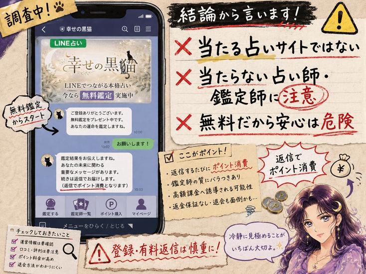幸せの黒猫は当たる占いとしておすすめできず、返信によるポイント消費や登録・課金に注意が必要だと示す検証画像
