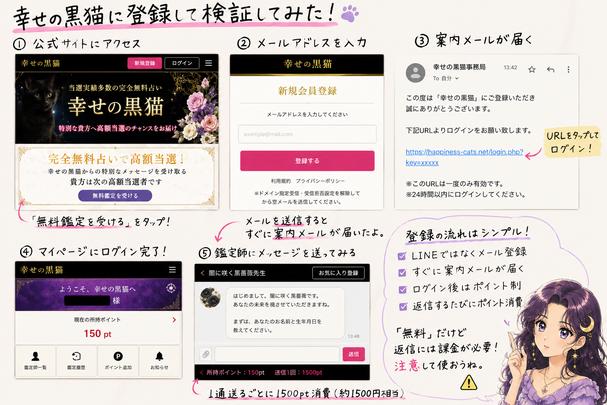 幸せの黒猫の無料会員登録からメール認証、プロフィール入力、ログイン後の占い師選択までの流れをまとめた検証画像