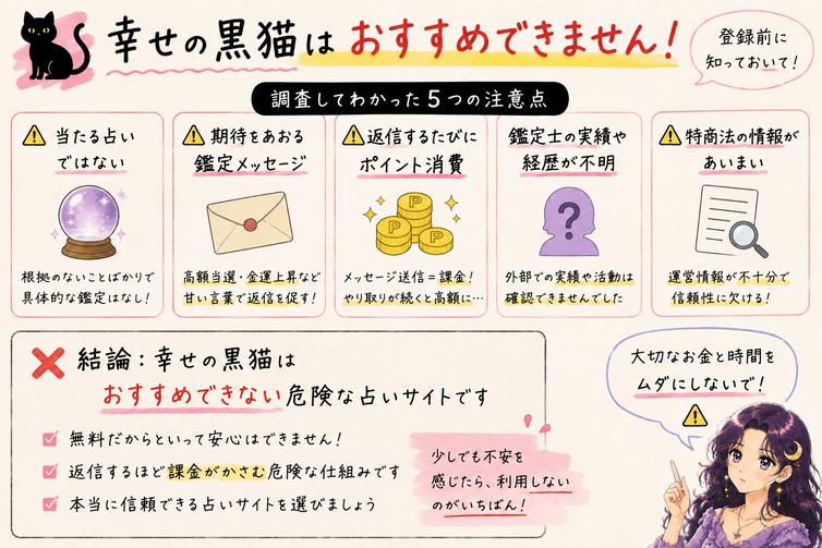 幸せの黒猫をおすすめできない理由として、期待をあおる鑑定文、返信課金、鑑定師の実績、運営情報の不安をまとめた画像