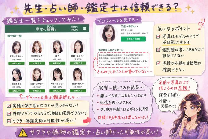 幸せの輪舞(ロンド)の鑑定師一覧とプロフィールを確認し、実績や外部活動を確認できない点を示した検証画像