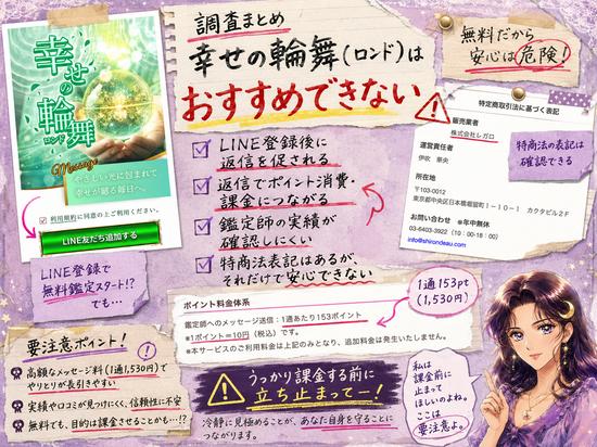幸せの輪舞(ロンド)の登録後の返信誘導、鑑定師の実績、料金、運営情報を振り返り、おすすめできない理由をまとめた画像