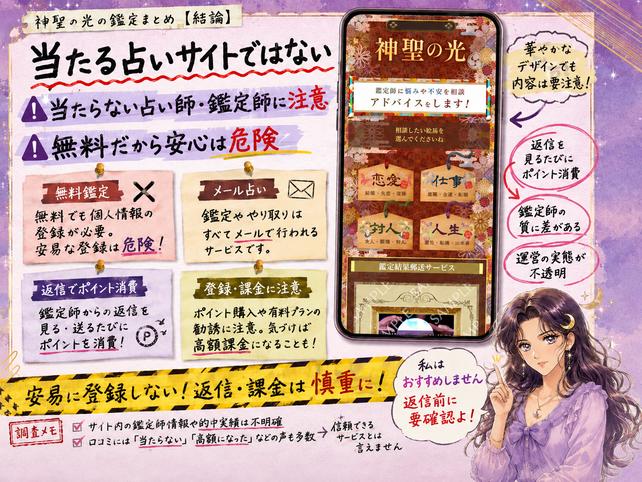 神聖の光は当たる占いとしておすすめできず、鑑定師の実在性や返信によるポイント消費に注意が必要だとまとめた検証画像