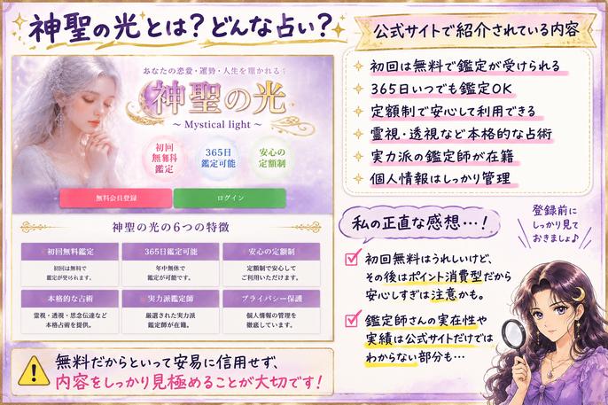 神聖の光の公式ページを見ながら、メール占いの特徴と無料鑑定後のポイント消費への注意点をアザミが解説する画像