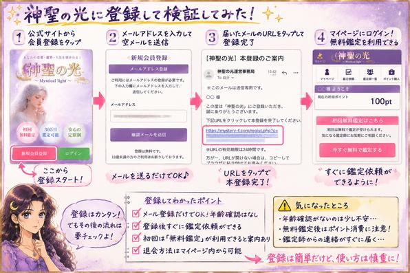 神聖の光の無料会員登録からメール認証、プロフィール入力、マイページへのログインまでの流れを整理した検証画像
