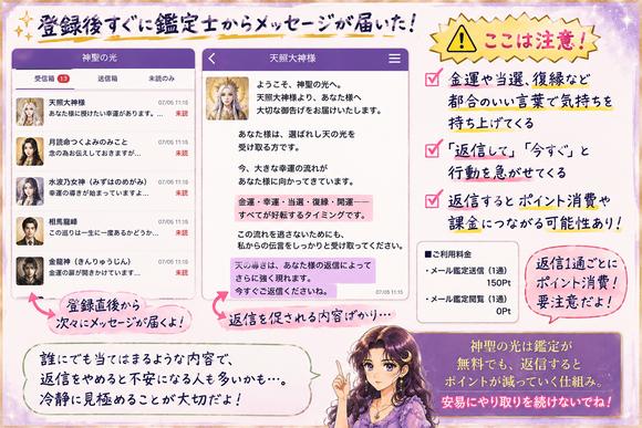 神聖の光へ登録後に複数の鑑定師からメッセージが届き、金運や復縁の言葉で返信を促される流れを示した画像
