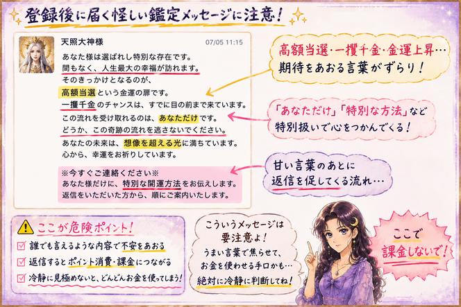 神聖の光の鑑定文にある高額当選や一攫千金、特別扱いの表現へ赤線と注釈を入れ、課金に注意するよう促す画像