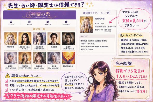 神聖の光の鑑定師一覧とプロフィールを確認し、外部で実績や実在性を確認できない点をアザミが指摘する検証画像