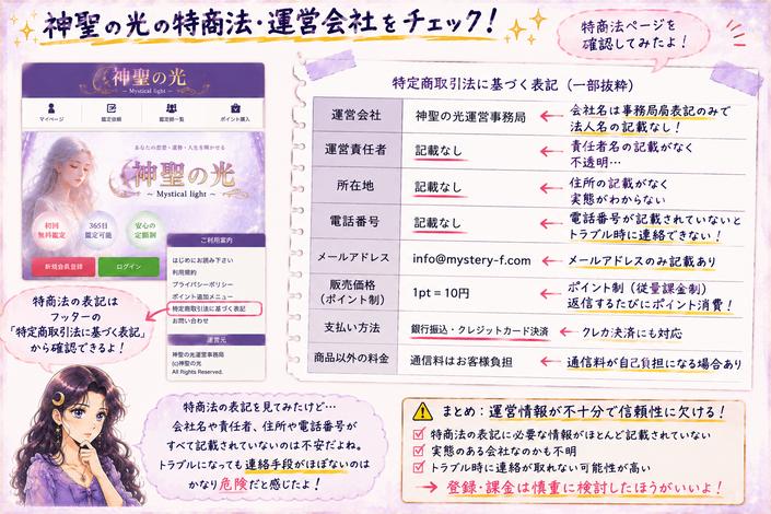 神聖の光の特定商取引法に基づく表記から、株式会社プログレス、運営責任者、所在地、電話番号、メールアドレスを確認した画像