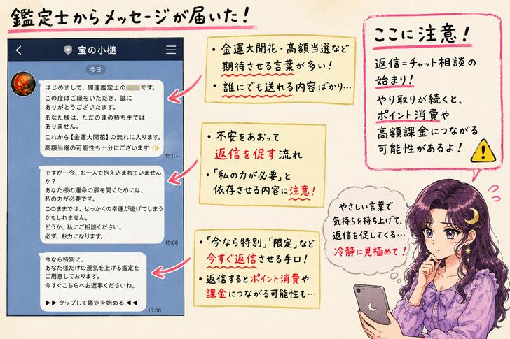 宝の小槌で鑑定士から届くメッセージと返信を促す表現、ポイント消費への注意点をアザミが指摘する画像