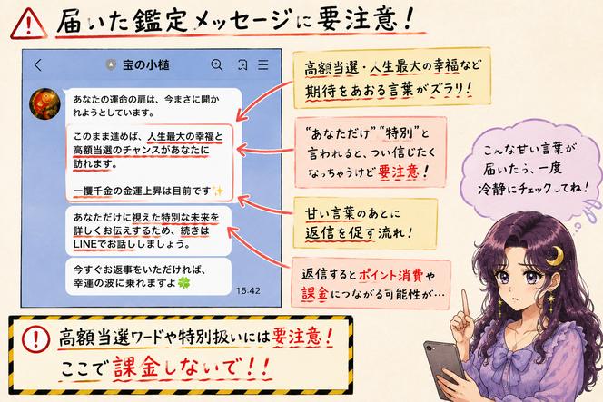 高額当選や一攫千金、特別扱いをうたう宝の小槌の鑑定メッセージに赤線を引いて注意喚起する画像