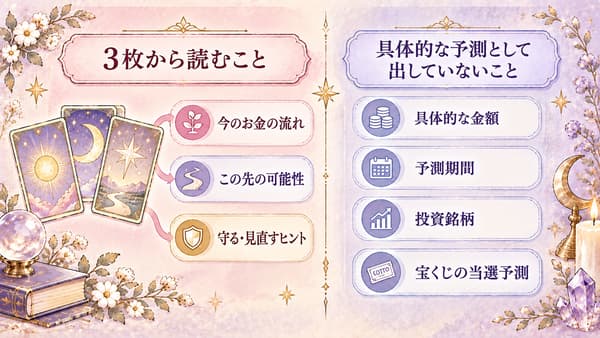 金運タロットで読むお金の流れと具体的な予測として出していない内容を分けた図解
