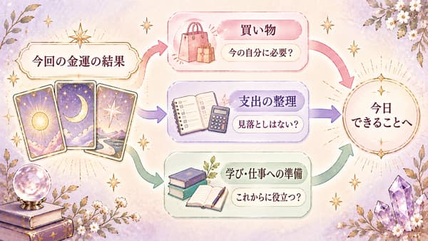 金運タロットの結果を買い物・支出の整理・学びや仕事への準備につなげる図解