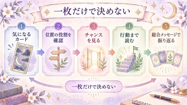 気になる仕事運タロットのカードからチャンス・行動・総合メッセージまで読み進める流れの図解