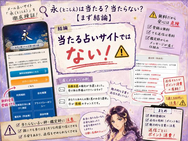 永(とこしえ)を登録検証した結果、当たる占いとしておすすめできず、無料登録後の有料返信や1通1,500円の料金に注意が必要だと示す解説画像