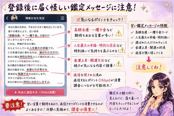永(とこしえ)で届いた高額当選、一攫千金、人生最大の幸福などの鑑定文に赤線を引き、返信前の注意点を解説した画像