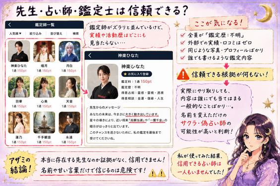 永(とこしえ)の鑑定師一覧とプロフィールを調べ、外部実績や実在性を確認できずサクラの可能性が疑われる点をまとめた画像