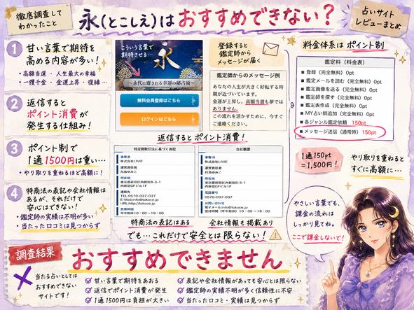 永(とこしえ)を登録検証し、高額当選を期待させる鑑定、鑑定師の実在性、1通1,500円の料金、運営情報を総合しておすすめできないとまとめた画像