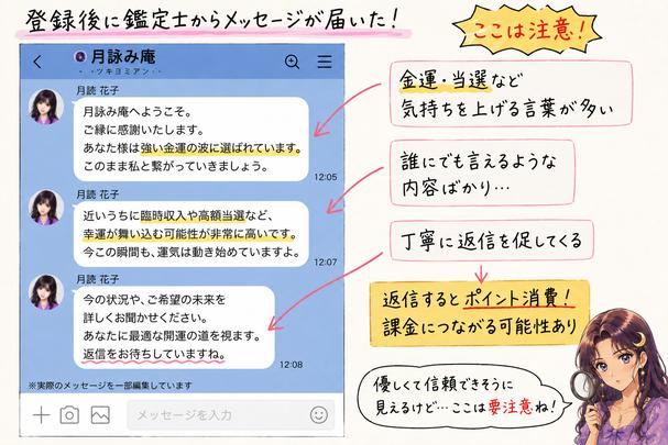 月詠み庵の登録後に鑑定士から金運や当選を持ち出すメッセージが届き、返信を促される流れを検証した画像