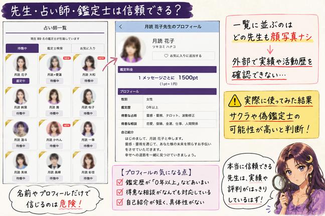 月詠み庵の占い師一覧とプロフィールを調べ、外部実績や人物画像の信頼性を確認している検証画像