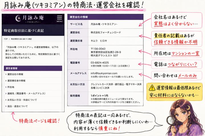 月詠み庵の特商法ページで株式会社インサイドアウト、責任者、所在地、電話番号、返金条件を確認した画像