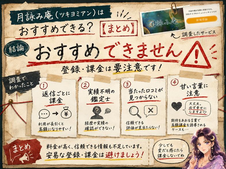 月詠み庵は返信課金、鑑定士の実績不足、当たった口コミの欠如などからおすすめできないとまとめた注意喚起画像
