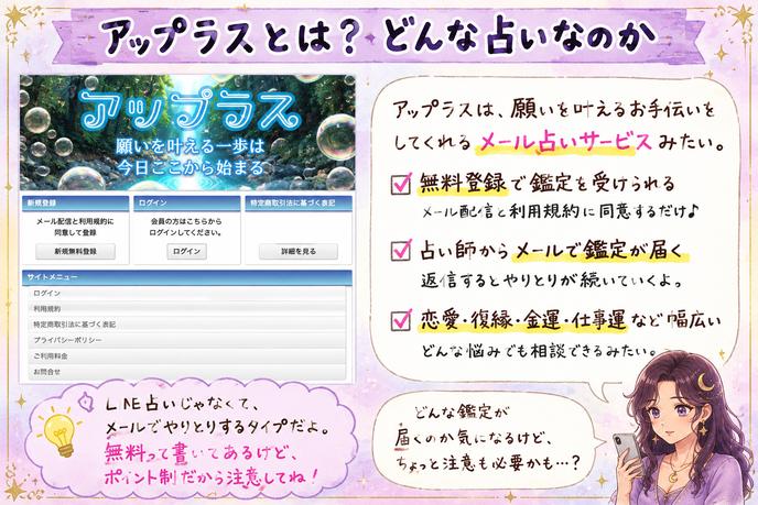 アップラスの公式ページをもとに、無料登録できるポイント制のメール占いであることと登録前の確認点を解説した画像