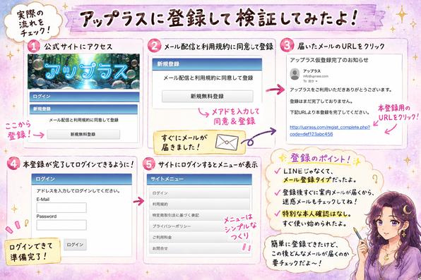 アップラスの無料会員登録からメール認証、ログイン後のメニュー表示までの流れをスクリーンショット風に整理した検証画像