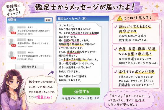 アップラス登録後に届く鑑定師メッセージと、金運や当選を示して有料返信へ促す流れを解説した画像