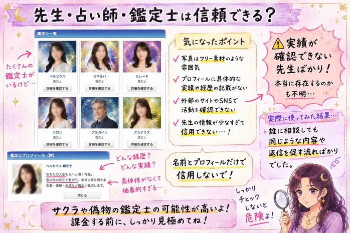 アップラスの鑑定師一覧やプロフィールを確認し、外部実績や実在性を確認できない点とサクラの可能性を指摘した画像